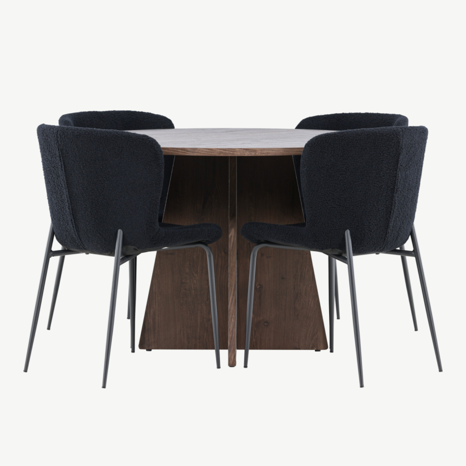 Ümmargune mokkatooniga MDF söögilaud Bootcut ja mustad buklee kangaga Modesto toolid (4 tk), GR24392 – 2