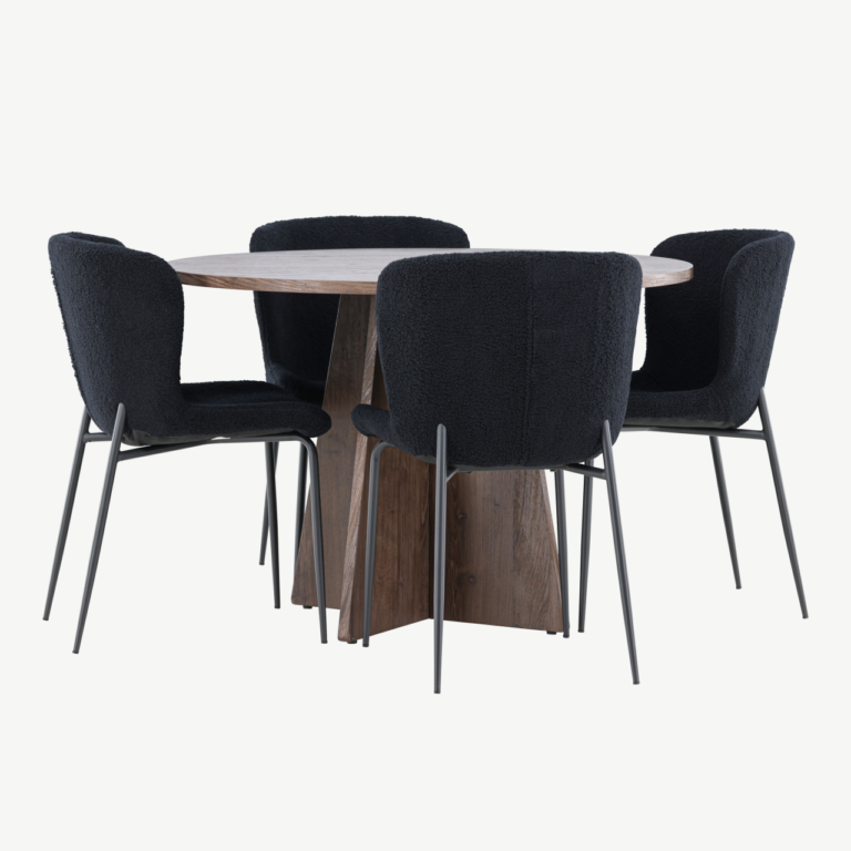 Ümmargune mokkatooniga MDF söögilaud Bootcut ja mustad buklee kangaga Modesto toolid (4 tk) - GR24392