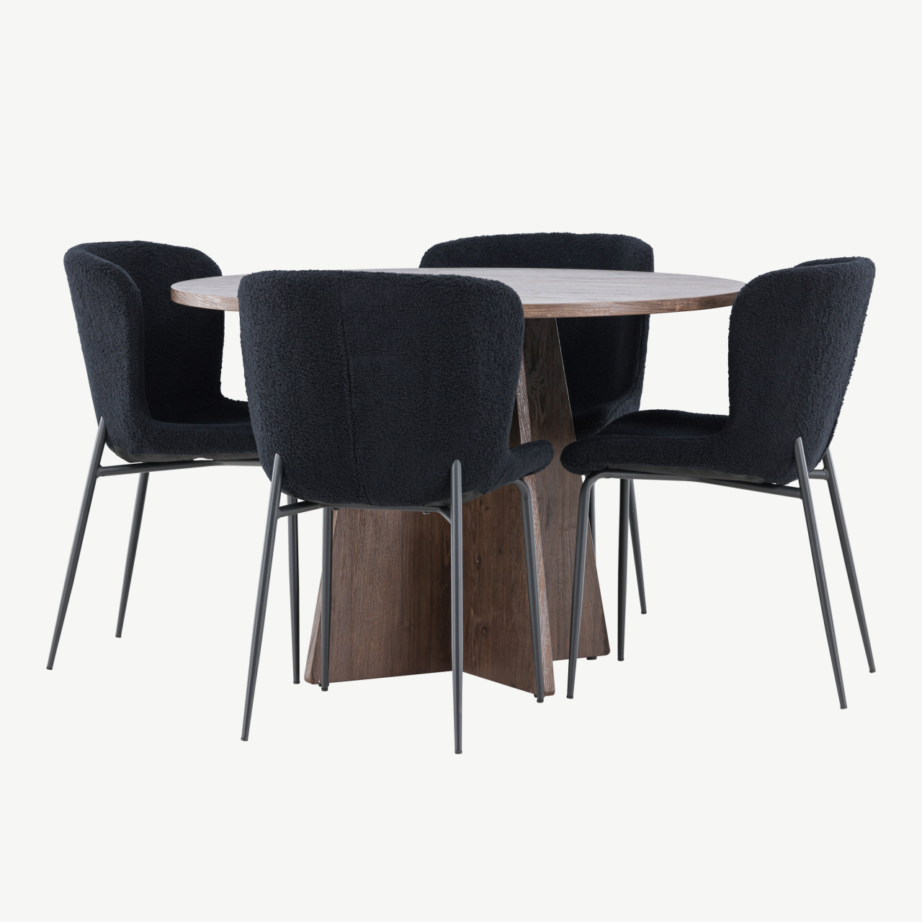 Ümmargune mokkatooniga MDF söögilaud Bootcut ja mustad buklee kangaga Modesto toolid (4 tk), GR24392 – 4