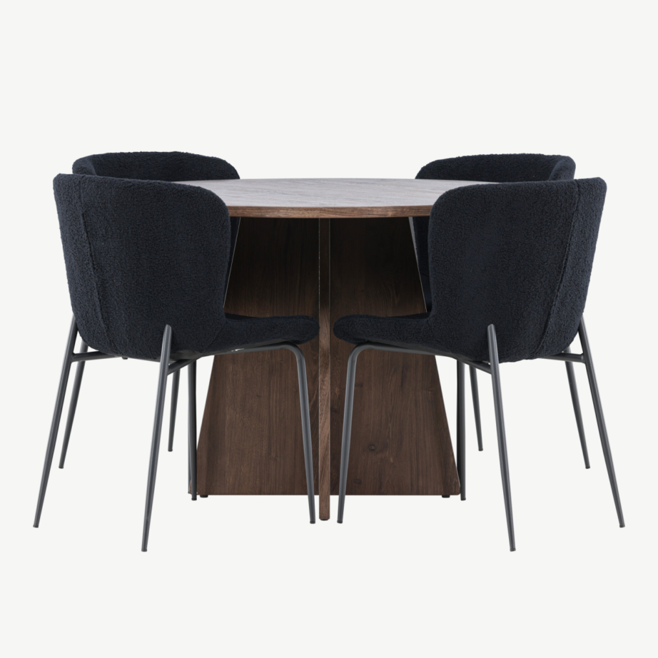 Ümmargune mokkatooniga MDF söögilaud Bootcut ja mustad buklee kangaga Modesto toolid (4 tk), GR24392 – 5