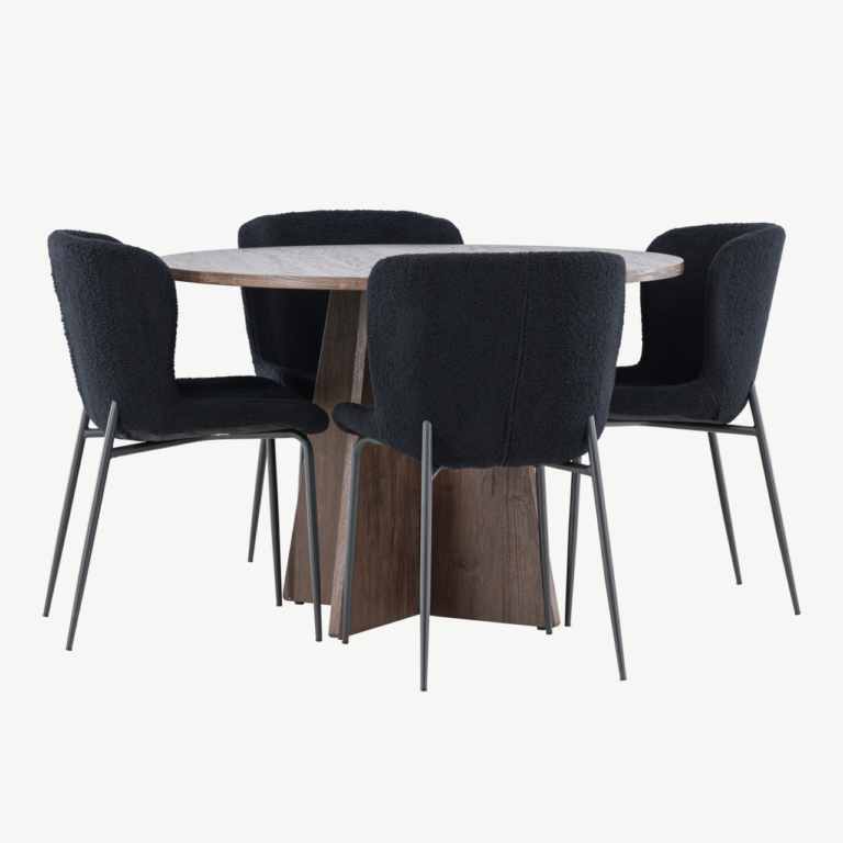 Ümmargune mokkatooniga MDF söögilaud Bootcut ja mustad buklee kangaga Modesto toolid (4 tk) - GR24392