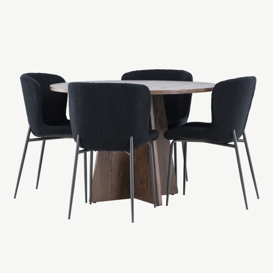 Ümmargune mokkatooniga MDF söögilaud Bootcut ja mustad buklee kangaga Modesto toolid (4 tk), GR24392 – 6