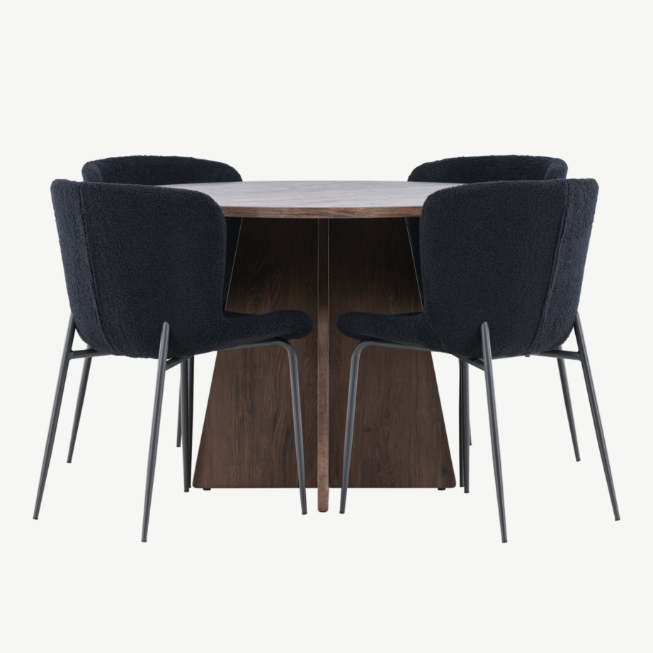 Ümmargune mokkatooniga MDF söögilaud Bootcut ja mustad buklee kangaga Modesto toolid (4 tk), GR24392 – 7