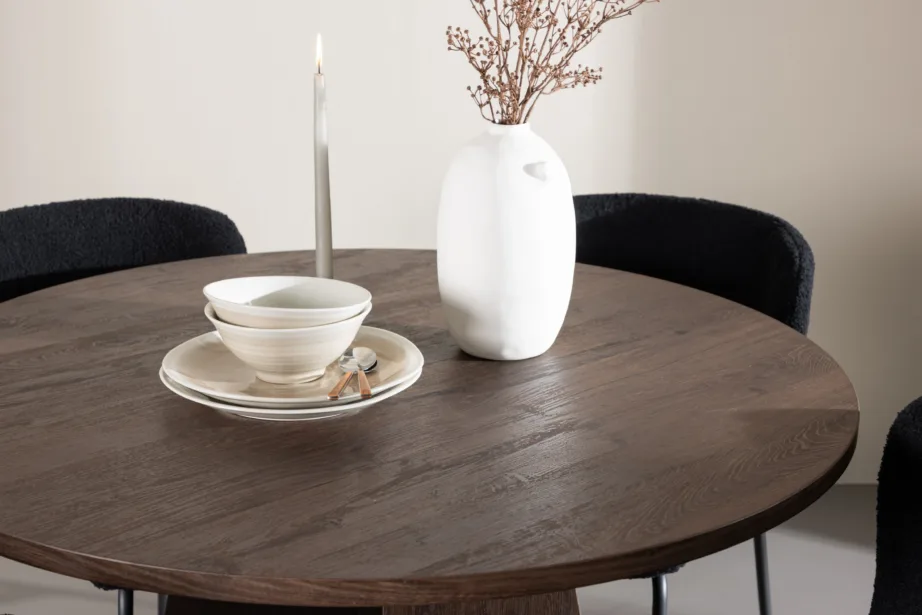 Ümmargune mokkatooniga MDF söögilaud Bootcut ja mustad buklee kangaga Modesto toolid (4 tk), GR24392 – 10