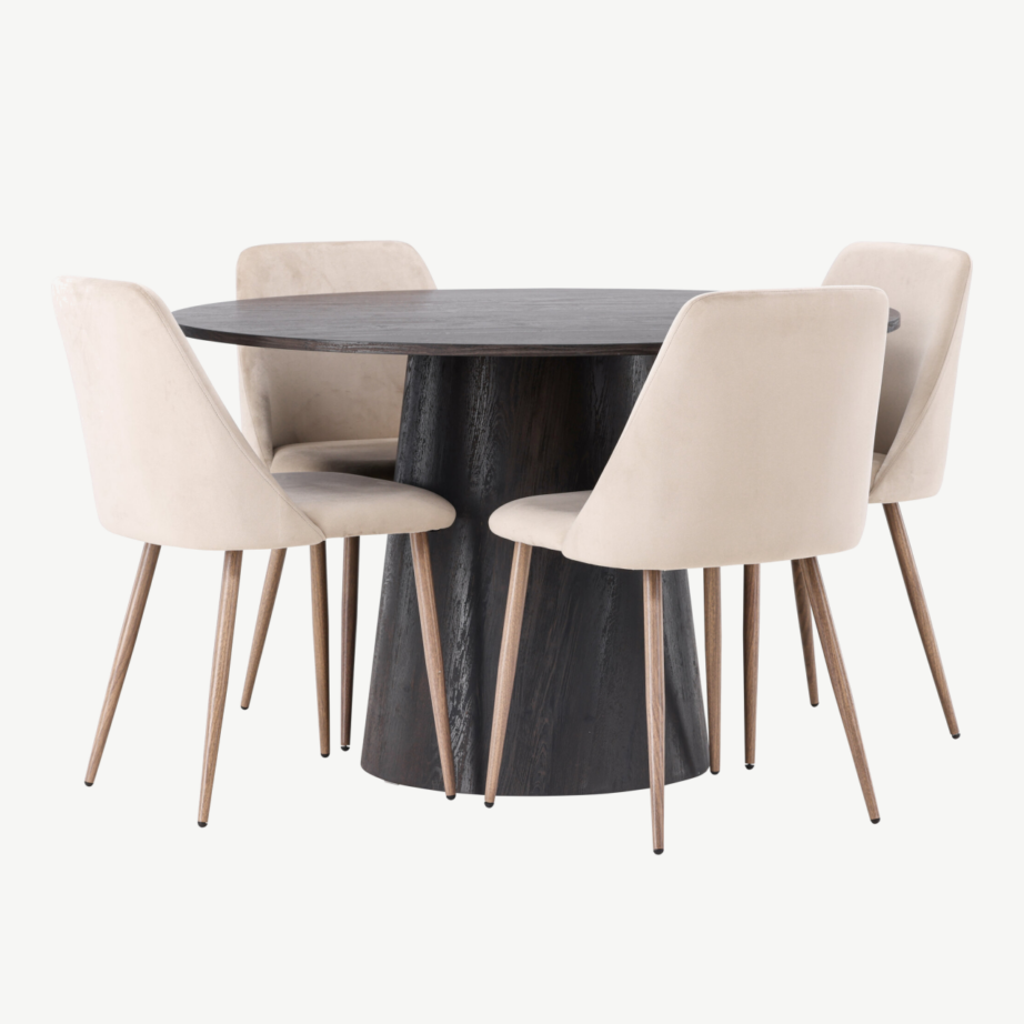 Ümmargune mokkatooniga MDF söögilaud Lanzo ja polsterdatud Night toolid (4 tk), GR23480 – 4