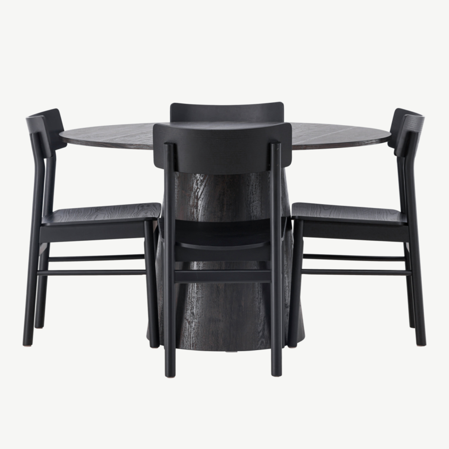 Ümmargune mokkatooniga söögilauakomplekt Lanzo ja mustad Montros toolid (4 tk), MDF/kask, ø120 cm, GR23485 – 2