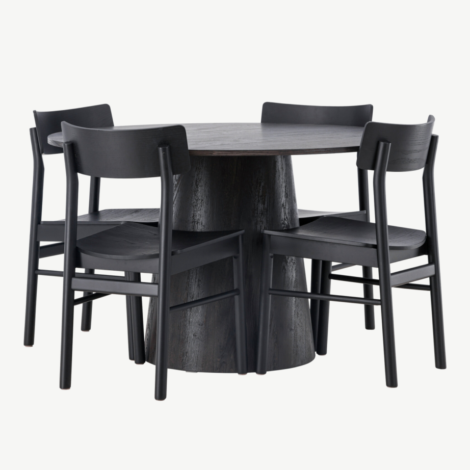 Ümmargune mokkatooniga söögilauakomplekt Lanzo ja mustad Montros toolid (4 tk), MDF/kask, ø120 cm, GR23485 – 3