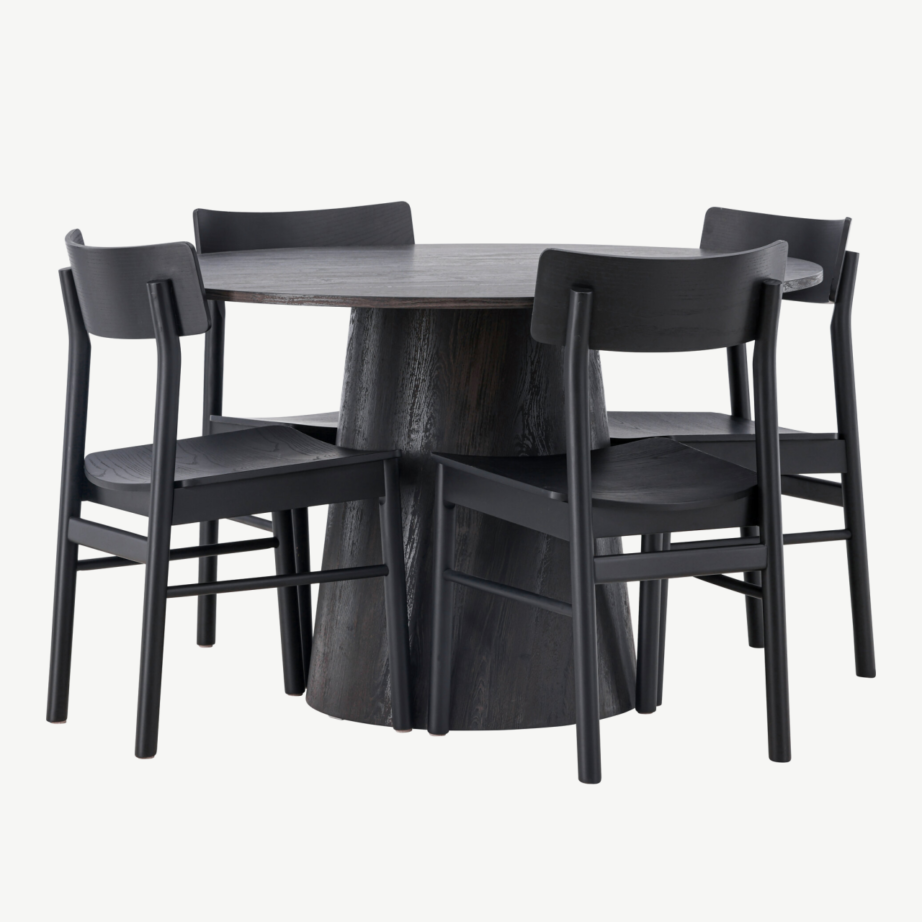 Ümmargune mokkatooniga söögilauakomplekt Lanzo ja mustad Montros toolid (4 tk), MDF/kask, ø120 cm, GR23485 – 4