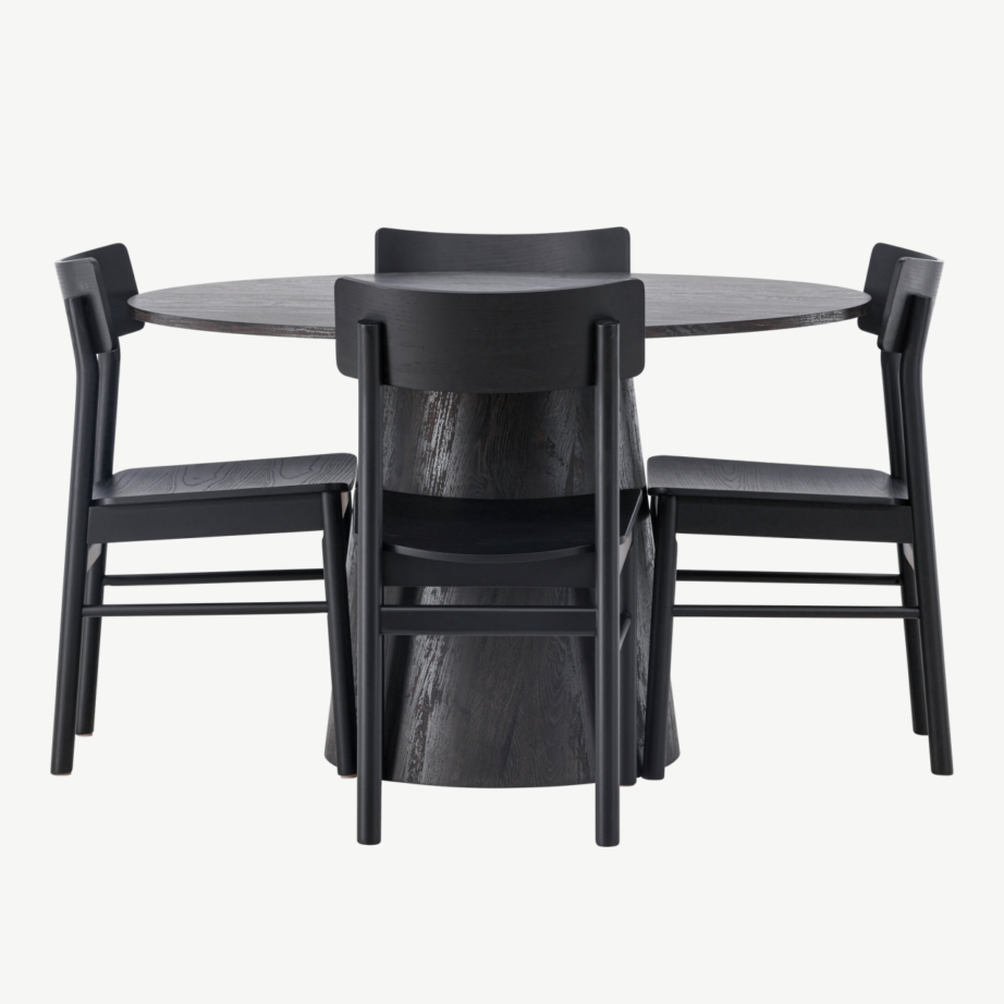 Ümmargune mokkatooniga söögilauakomplekt Lanzo ja mustad Montros toolid (4 tk), MDF/kask, ø120 cm, GR23485 – 5