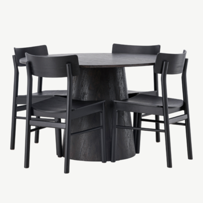 Ümmargune mokkatooniga söögilauakomplekt Lanzo ja mustad Montros toolid (4 tk), MDF/kask, ø120 cm - GR23485