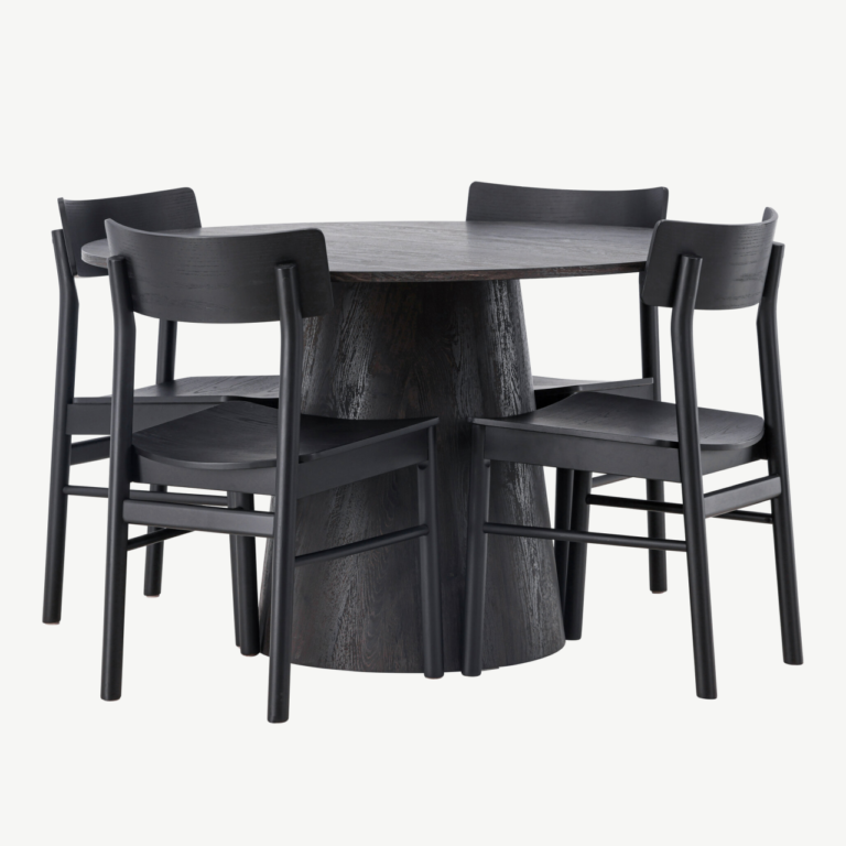 Ümmargune mokkatooniga söögilauakomplekt Lanzo ja mustad Montros toolid (4 tk), MDF/kask, ø120 cm - GR23485