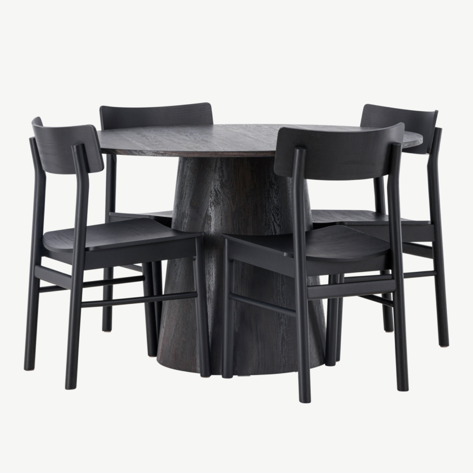 Ümmargune mokkatooniga söögilauakomplekt Lanzo ja mustad Montros toolid (4 tk), MDF/kask, ø120 cm, GR23485 – 6