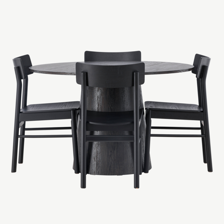 Ümmargune mokkatooniga söögilauakomplekt Lanzo ja mustad Montros toolid (4 tk), MDF/kask, ø120 cm, GR23485 – 7