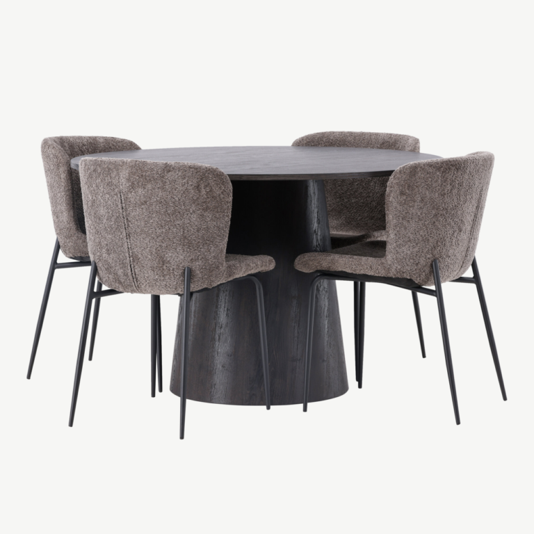 Ümmargune mokkatooniga söögilaud Lanzo ja polsterdatud tumehallid Modesto toolid (komplekt, laud ø120cm, 4 tooli) - GR23484