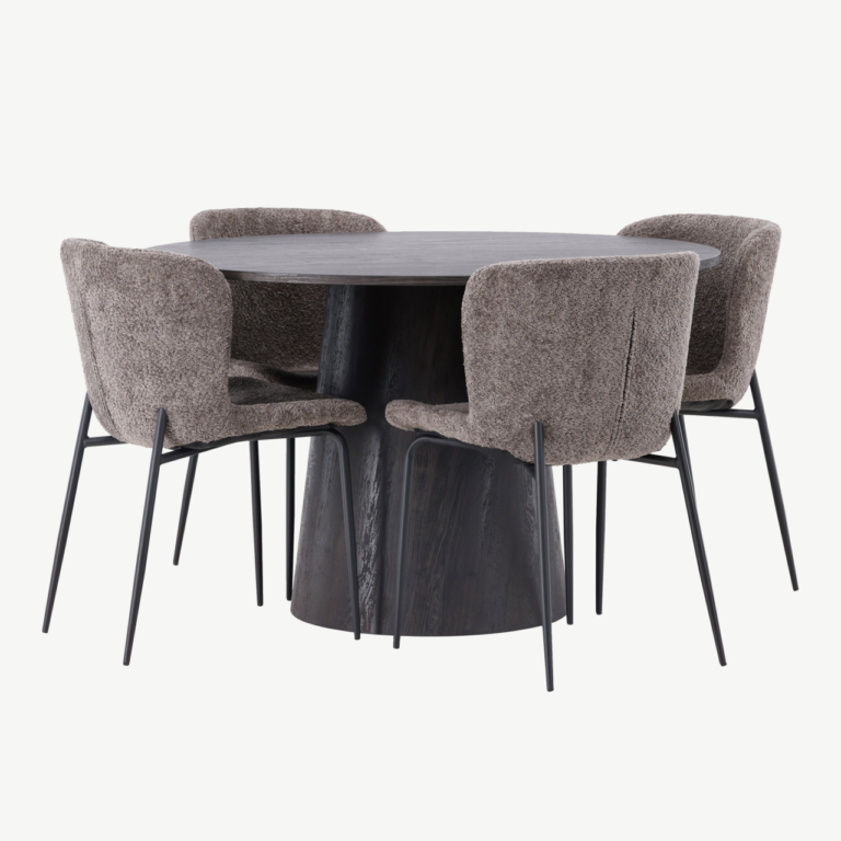 Ümmargune mokkatooniga söögilaud Lanzo ja polsterdatud tumehallid Modesto toolid (komplekt, laud ø120cm, 4 tooli) - GR23484