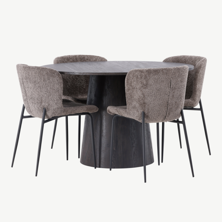 Ümmargune mokkatooniga söögilaud Lanzo ja polsterdatud tumehallid Modesto toolid (komplekt, laud ø120cm, 4 tooli) - GR23484