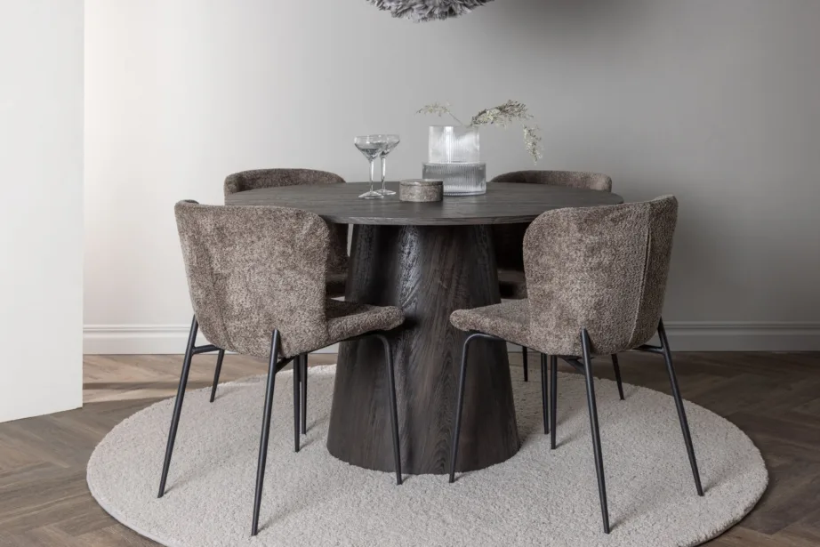 Ümmargune mokkatooniga söögilaud Lanzo ja polsterdatud tumehallid Modesto toolid (komplekt, laud ø120cm, 4 tooli), GR23484 – 8