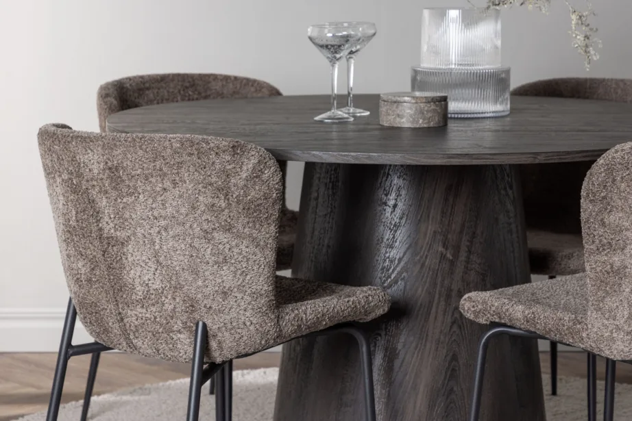 Ümmargune mokkatooniga söögilaud Lanzo ja polsterdatud tumehallid Modesto toolid (komplekt, laud ø120cm, 4 tooli), GR23484 – 9