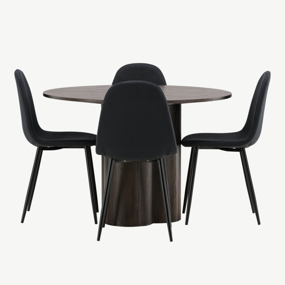 Ümmargune mokkatooniga söögilaud Olivia ja mustad polsterdatud Polar toolid, GR22887 – 2