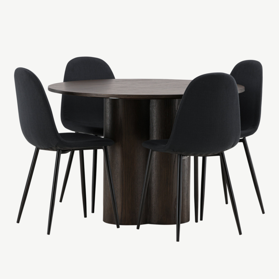 Ümmargune mokkatooniga söögilaud Olivia ja mustad polsterdatud Polar toolid, GR22887 – 6