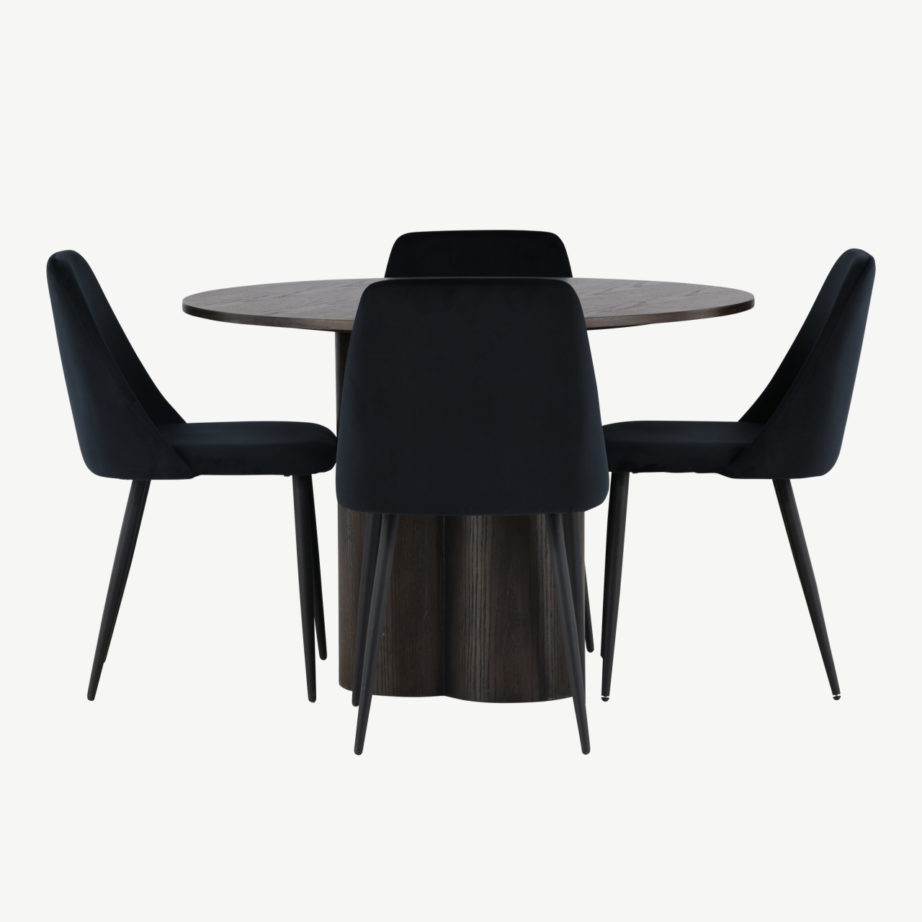 Ümmargune mokkatooniga söögilaud Olivia ja mustad velvetist toolid Night, GR23815 – 2
