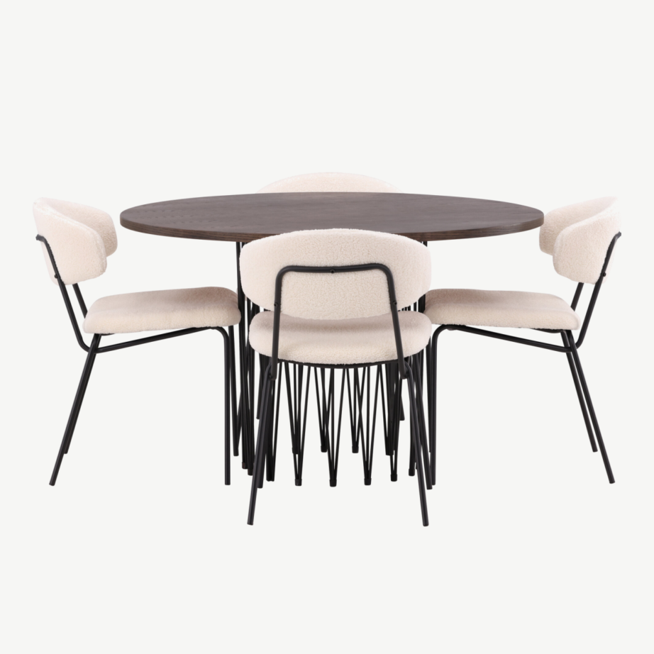 Ümmargune mokkatooniga söögilaud Stone ja valge bukleekangaga Chico tool, GR23021 – 2