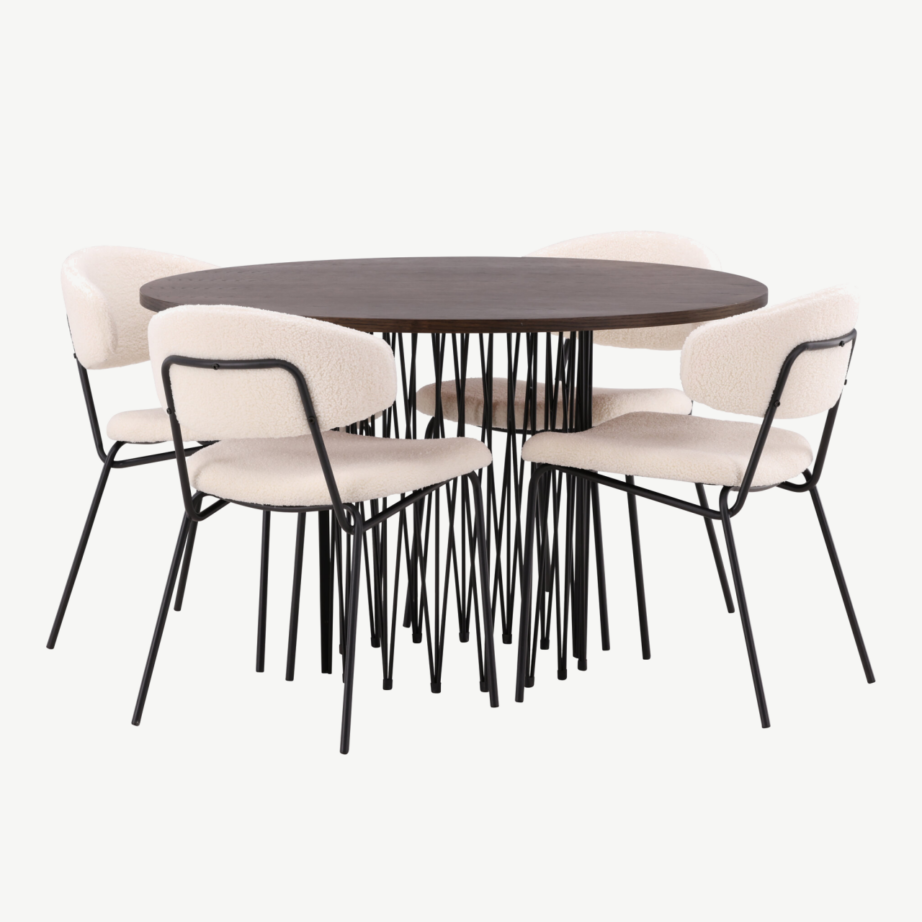 Ümmargune mokkatooniga söögilaud Stone ja valge bukleekangaga Chico tool, GR23021 – 3