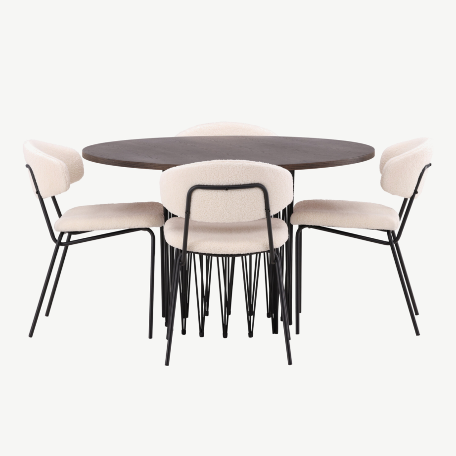 Ümmargune mokkatooniga söögilaud Stone ja valge bukleekangaga Chico tool, GR23021 – 5