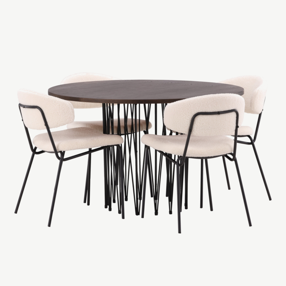 Ümmargune mokkatooniga söögilaud Stone ja valge bukleekangaga Chico tool, GR23021 – 6