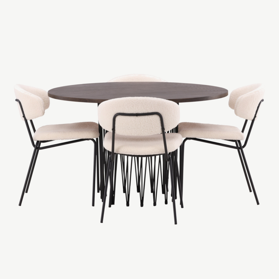 Ümmargune mokkatooniga söögilaud Stone ja valge bukleekangaga Chico tool, GR23021 – 7