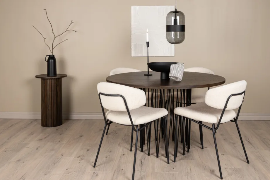 Ümmargune mokkatooniga söögilaud Stone ja valge bukleekangaga Chico tool, GR23021 – 8