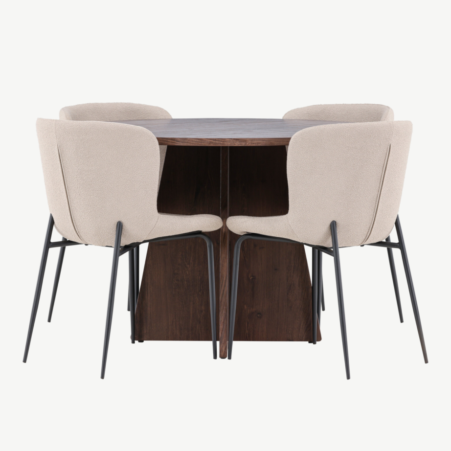 Ümmargune mokkatoonis söögilaud Bootcut ja 4 beeži bukleetooliga Modesto, GR24398 – 2