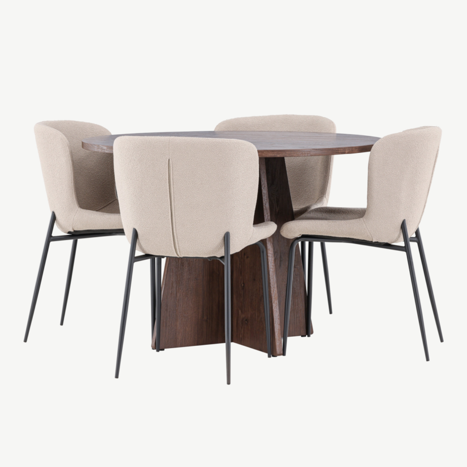 Ümmargune mokkatoonis söögilaud Bootcut ja 4 beeži bukleetooliga Modesto, GR24398 – 4