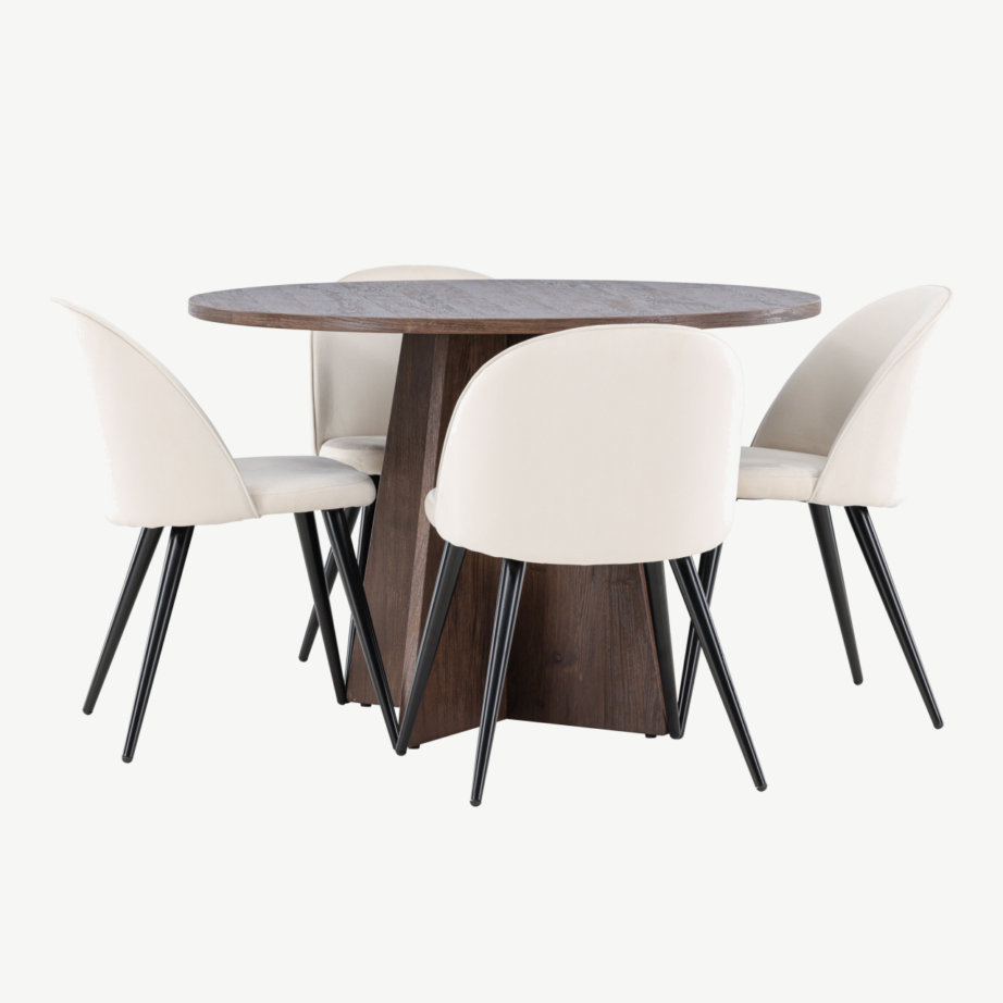 Ümmargune mokkatoonis söögilaud Bootcut ja beežid sametist toolid (4 tk), GR24400