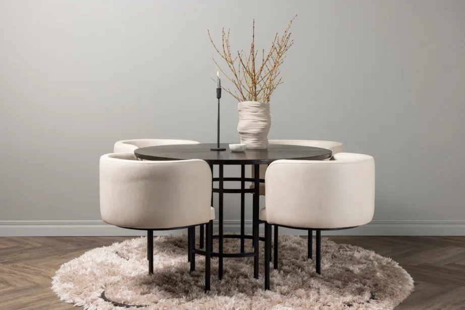 Ümmargune mokkatoonis söögilaud Copenhagen ja beežid polsterdatud toolid (Simrishamn), Ø115cm, GR23206 – 8
