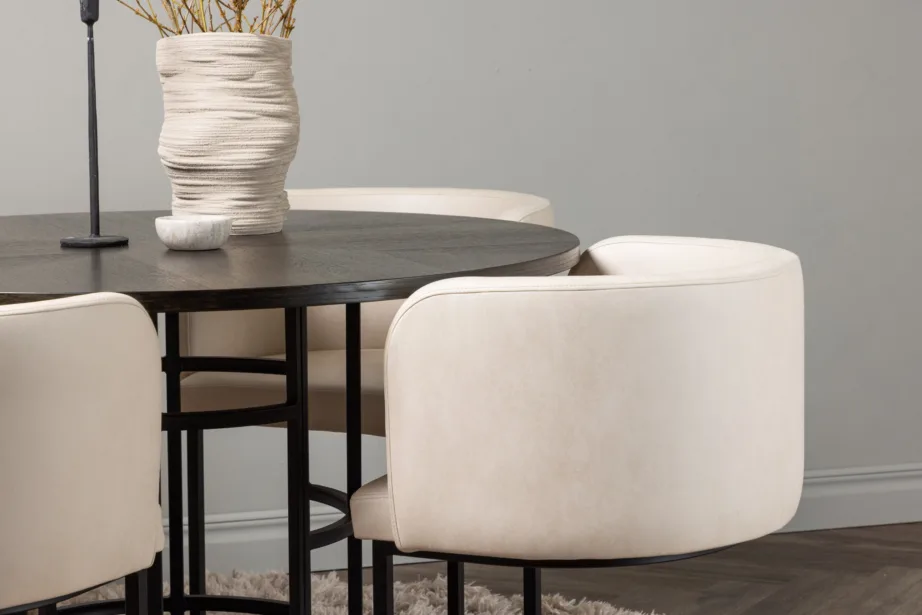 Ümmargune mokkatoonis söögilaud Copenhagen ja beežid polsterdatud toolid (Simrishamn), Ø115cm, GR23206 – 9