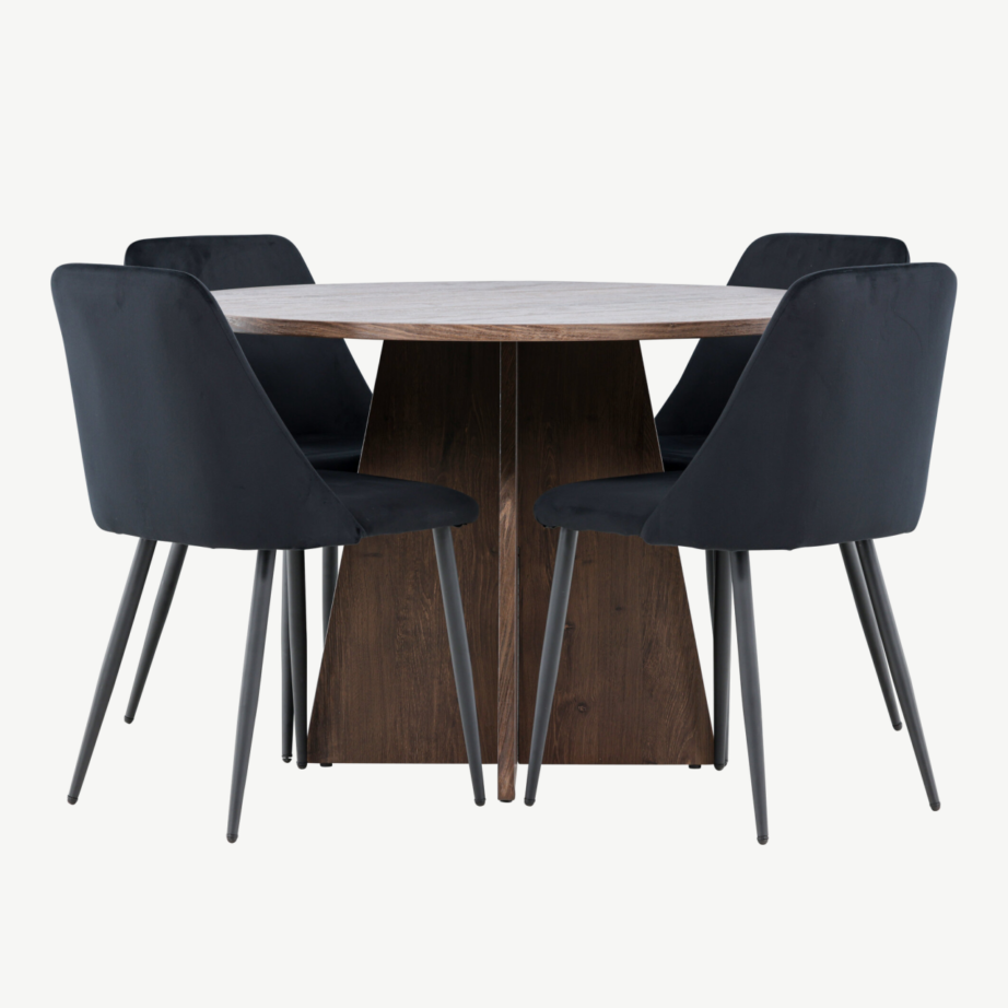 Ümmargune mokkavärvi MDF söögilaud Bootcut ja mustad sametist Night toolid (komplekt 4+1), GR24395 – 2