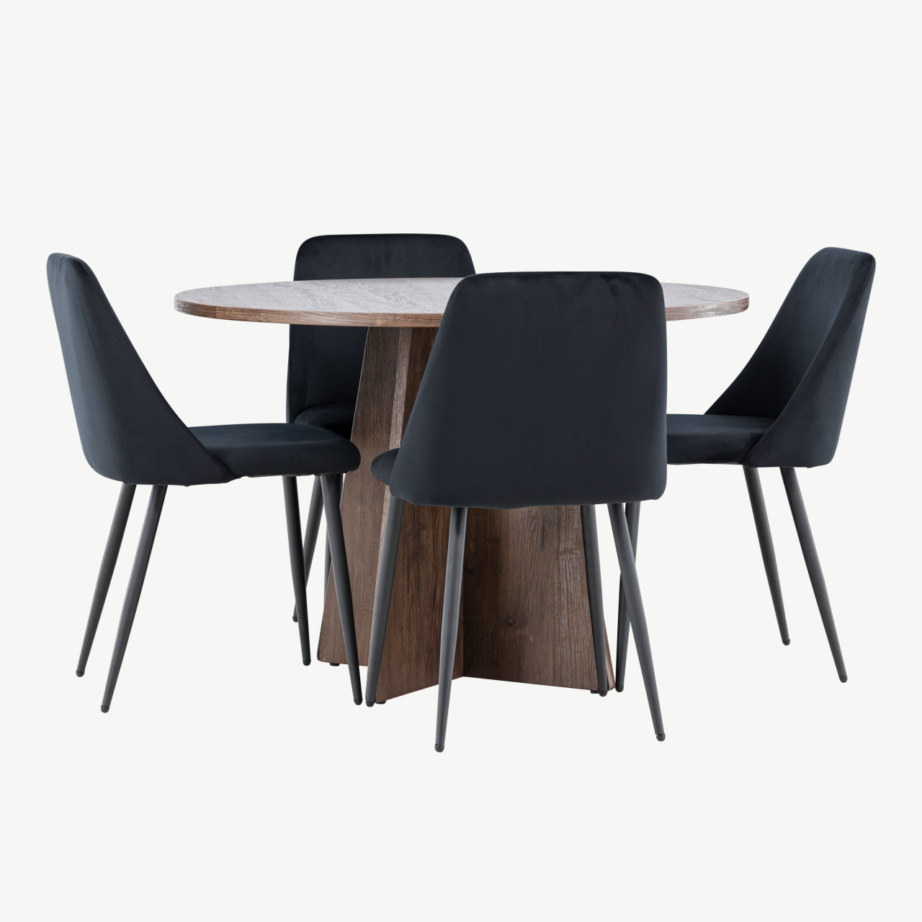 Ümmargune mokkavärvi MDF söögilaud Bootcut ja mustad sametist Night toolid (komplekt 4+1), GR24395