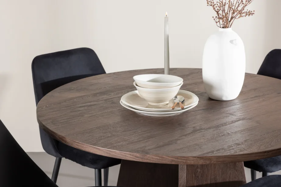 Ümmargune mokkavärvi MDF söögilaud Bootcut ja mustad sametist Night toolid (komplekt 4+1), GR24395 – 10