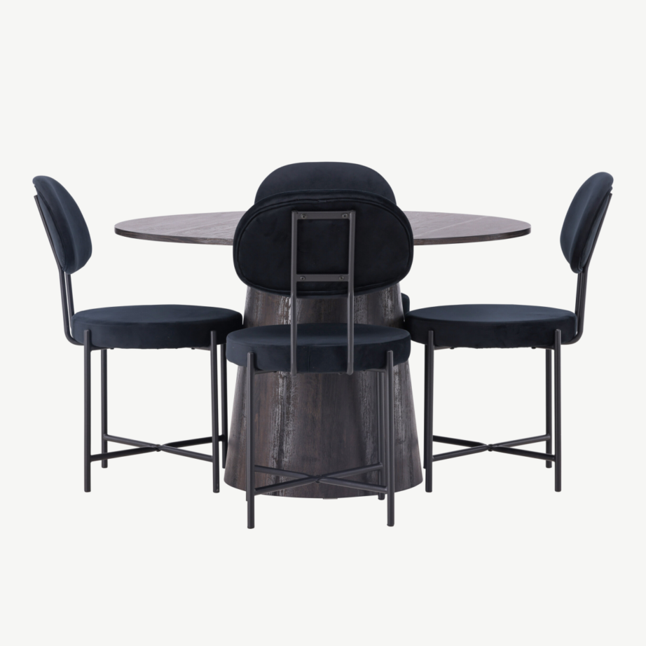 Ümmargune mokkavärvi MDF söögilaud Lanzo ja mustad sametist söögitoolid Stella, GR23479 – 2