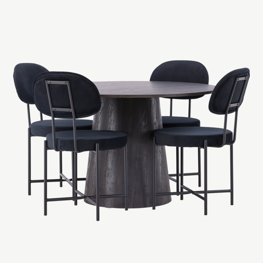 Ümmargune mokkavärvi MDF söögilaud Lanzo ja mustad sametist söögitoolid Stella, GR23479 – 3