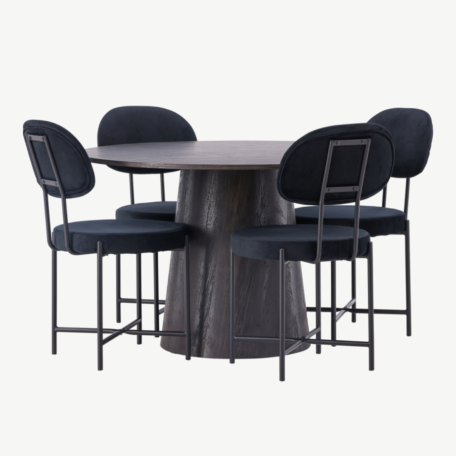 Ümmargune mokkavärvi MDF söögilaud Lanzo ja mustad sametist söögitoolid Stella, GR23479 – 4