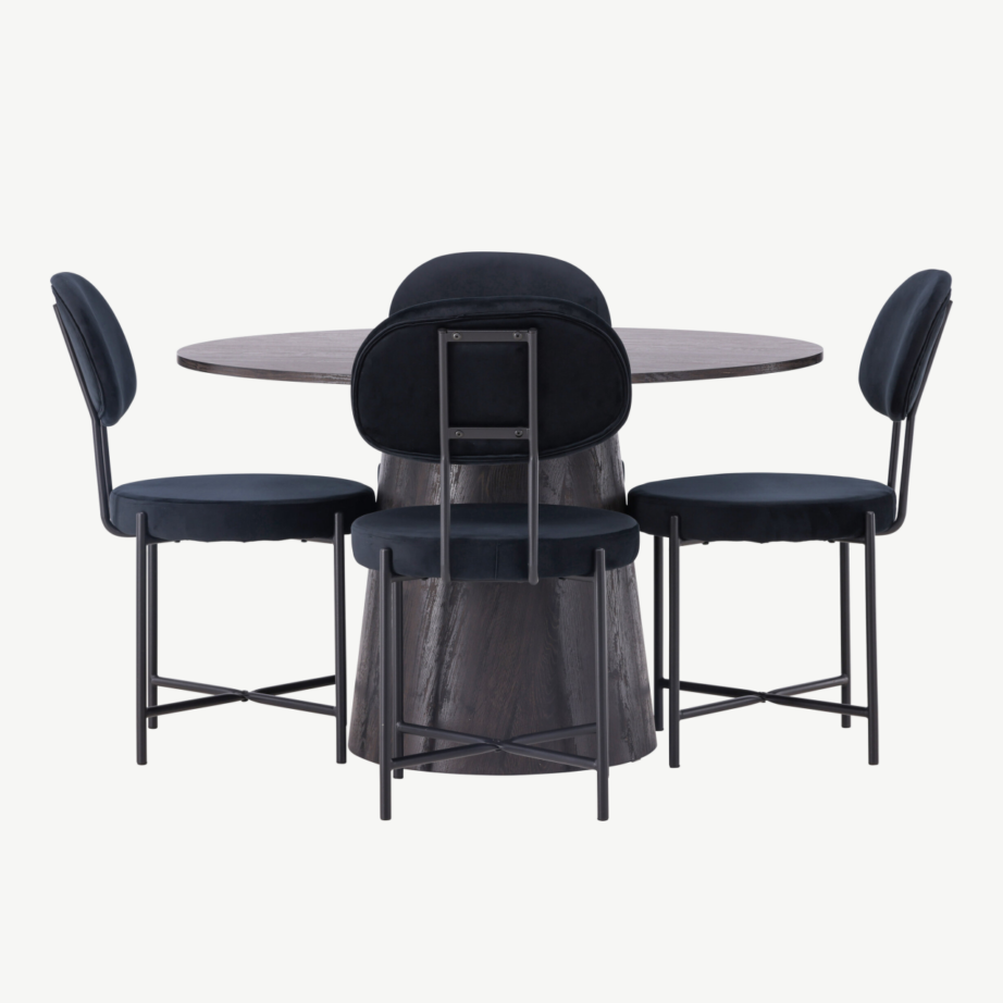 Ümmargune mokkavärvi MDF söögilaud Lanzo ja mustad sametist söögitoolid Stella, GR23479 – 5