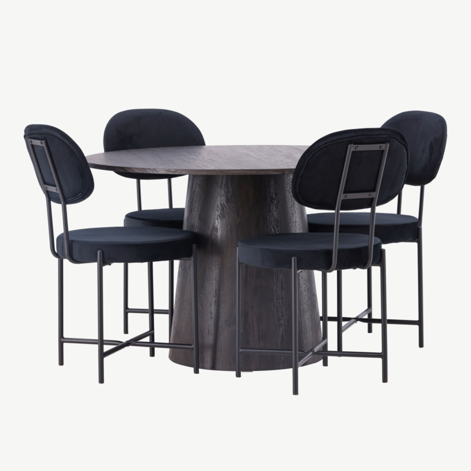 Ümmargune mokkavärvi MDF söögilaud Lanzo ja mustad sametist söögitoolid Stella, GR23479 – 6