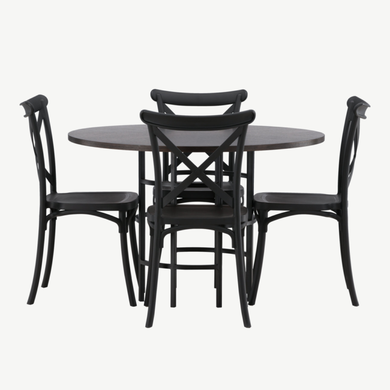 Ümmargune mokkavärvi söögilauakomplekt Copenhagen (MDF laud, mustad plasttoolid, ø115 cm) - GR23197