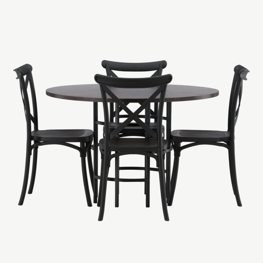 Ümmargune mokkavärvi söögilauakomplekt Copenhagen (MDF laud, mustad plasttoolid, ø115 cm), GR23197 – 2