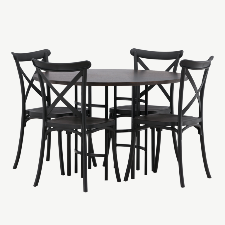 Ümmargune mokkavärvi söögilauakomplekt Copenhagen (MDF laud, mustad plasttoolid, ø115 cm) - GR23197