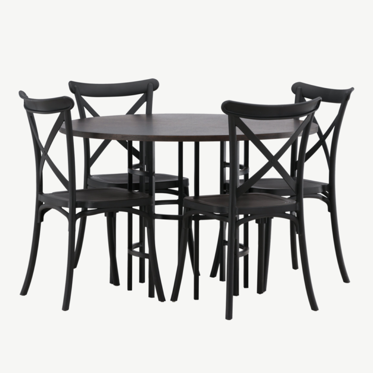 Ümmargune mokkavärvi söögilauakomplekt Copenhagen (MDF laud, mustad plasttoolid, ø115 cm) - GR23197