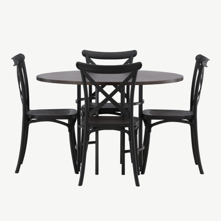Ümmargune mokkavärvi söögilauakomplekt Copenhagen (MDF laud, mustad plasttoolid, ø115 cm) - GR23197