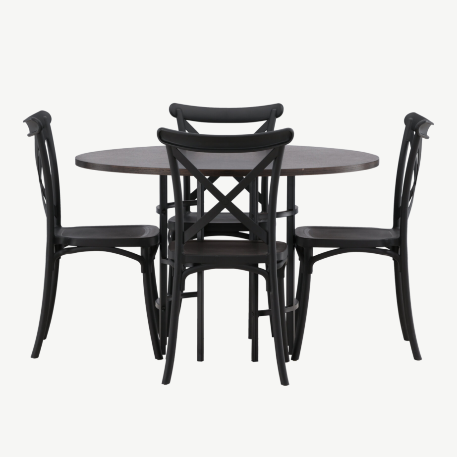 Ümmargune mokkavärvi söögilauakomplekt Copenhagen (MDF laud, mustad plasttoolid, ø115 cm), GR23197 – 5